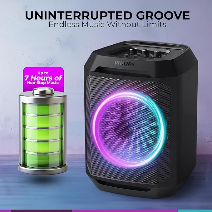 Philips Bluetooth Party Speaker, Dynamic Bass Boost, Bluetooth and Aux-in, Microphone Input, Wireless Pairing for Stereo Sound, Up to 7 Hours Battery, Built-in Carry Handle (Party Speaker 2208-4)