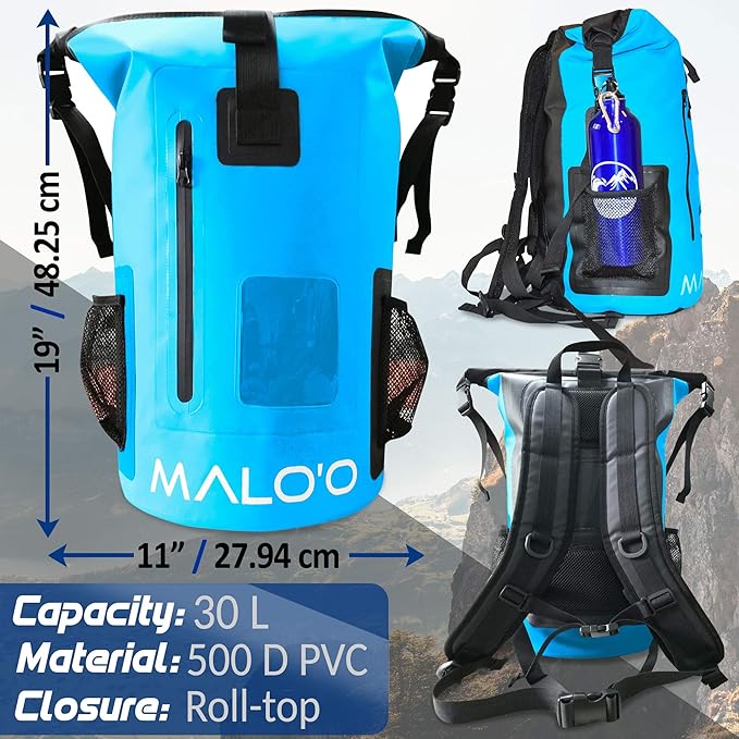 Malo?™o DryPack 30L Waterproof Backpack, Roll-Top Dry Bag Backpack with Padded Straps, Floating Design for Beach, Kayaking, Fishing, Boating, Travel, and Water Sports, Blue