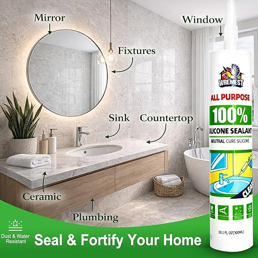 Silicone Caulk,10 fl oz Cartridge,12 Pack,Clear,100% Silicone Sealant Waterproof,Shrink & Crack Proof,Adhesive Sealant for Kitchen and Bathroom, Shower,Toilet, Sink, Window and Door