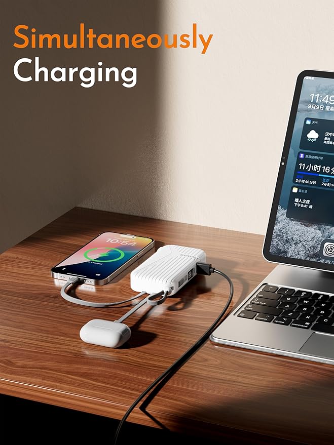 27W Portable Charger with Wall Plug Power Bank for iphone, Portable Charger 10000mAh with Built-in Cables, LED Display and 4 Outputs 2 Inputs Portable Charger for iPhone 17 16 Samsung Galaxy iPad