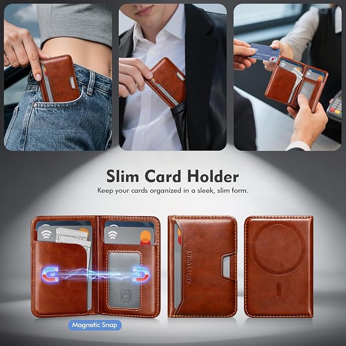 Antsturdy for Magsafe Wallet Stand with Holder,PU Leather RFID Blocking Card Holder,5 Card Slots,Strong Magnet Minimalist Flip Folio Kickstand for iPhone 17/16/15/14/13/12/Pro/Max/Plus/Air,Brown
