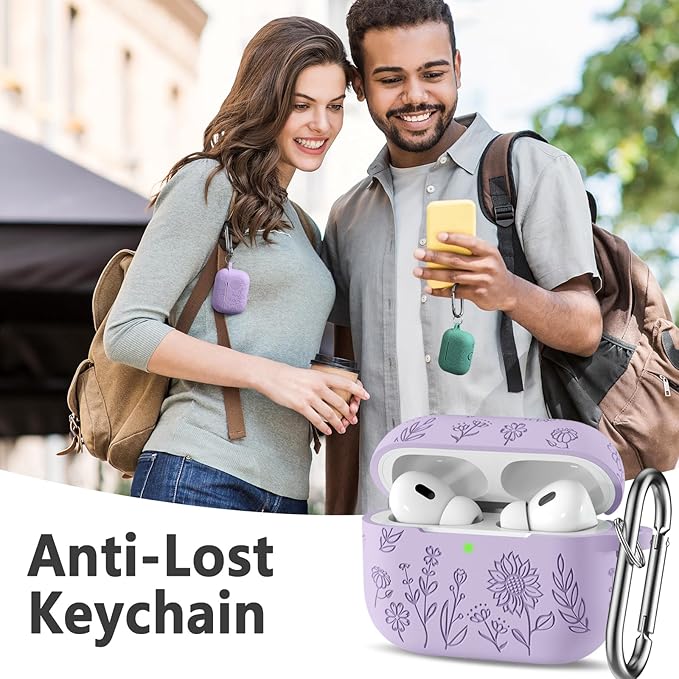 Flower Engraved Case for AirPods Pro 2 Gen with Clean Kit & Keychain, Cute Soft Silicone Protective AirPods Pro Case Cover for Apple AirPods Pro 2nd/1st Generation, Front LED Visible, Lavender