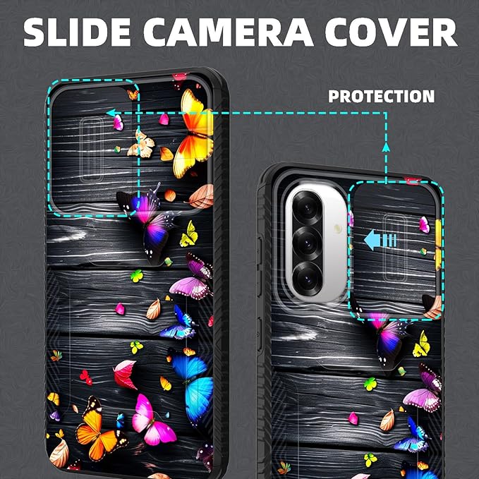 for Galaxy A36 5G/A56 5G Case Built in Slide Camera Lens Cover,Heavy Duty Shockproof Protection Dual Layer Case for Samsung Galaxy A36 5G/A56 5G 6.7" 2025,Colorful Butterflies on Wooden