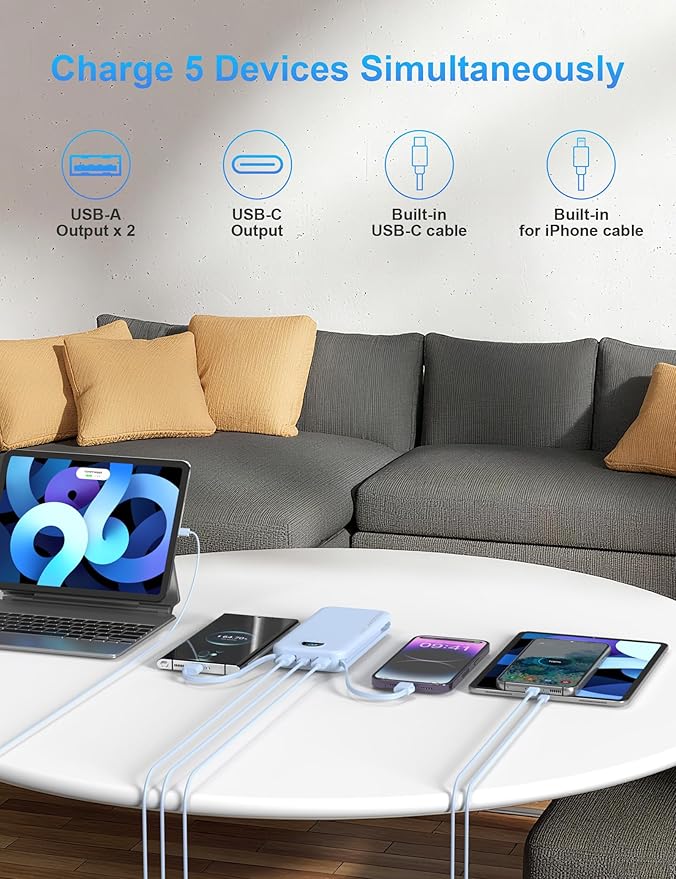 Portable Charger with Wall Plug, 10000mAh USB C Power Bank Fast Charging, External Battery Pack with Built in Cables, Digital Display, 5 Output 4 Input for iPhone Android Cell Phone Tablet