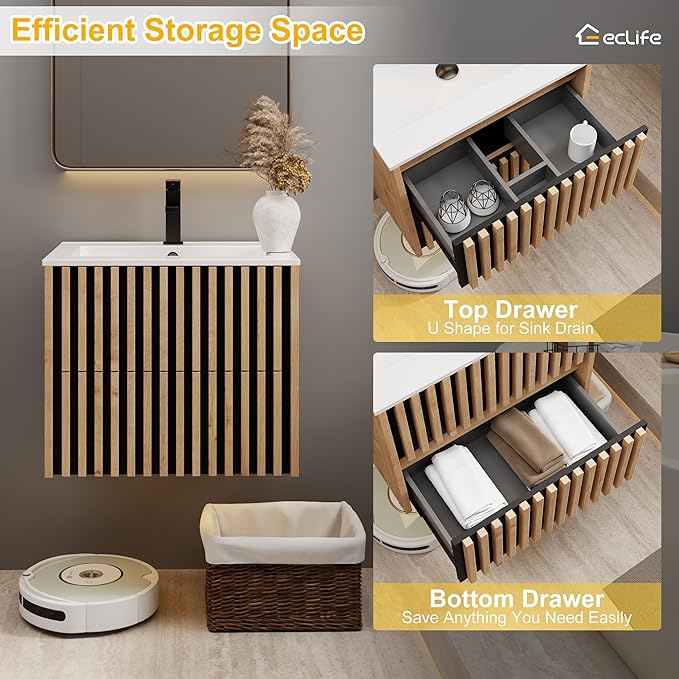 eclife 24" Floating Bathroom Vanity with Sink Combo, Modern Wall Mounted Cabinet with 2 Fluted Drawers, Undermount Sink, Faucet, Drain, Mixed Natural