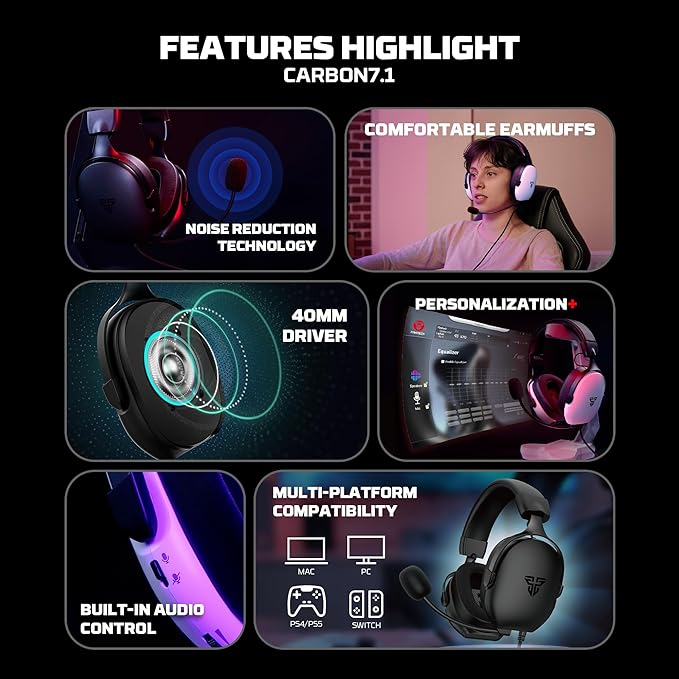 FANTECH Gaming Headset with 7.1 Virtual Surround Sound, Noise Cancelling Microphone, 40mm Drivers, USB Connection, in-Line Audio Control, Compatible with PC, PS4, PS5, Mac, Switch(Black)