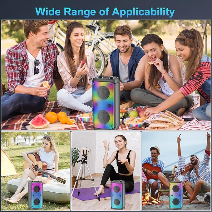 Bluetooth Speaker, 80W Peak Outdoor Speakers Bluetooth Wireless, TWS Portable Party Speakers with Subwoofer, Deep Bass, LED Colorful Lights, Loud Stereo Sound Boombox for Home, Camping, Travel