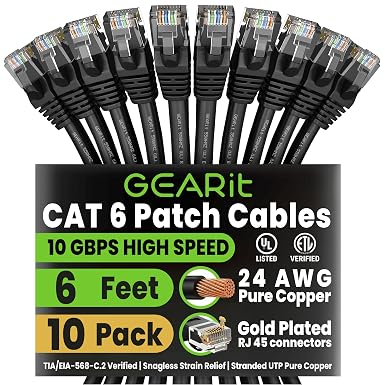 GEARit Cat6 Patch Cables Cat 6 Ethernet Cable 6 ft 10-Pack Black