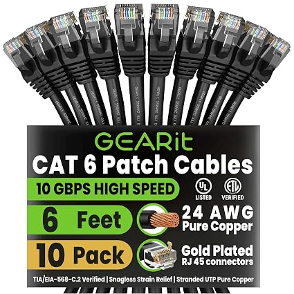 GEARit Cat6 Patch Cables Cat 6 Ethernet Cable 6 ft 10-Pack Black