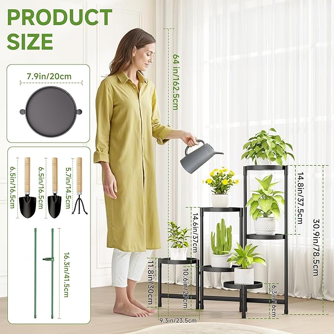 Plant Stand Indoor Outdoor with Metal Tray 6 Tiered Corner Plant Holders for Folding Plants Flower Pot Holder Display Stand for Living Room Balcony Garden-Black