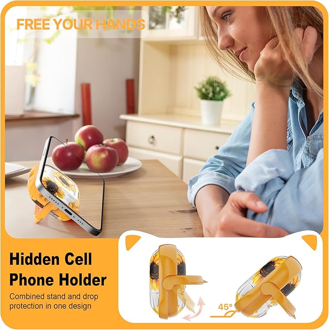 RFUNGUANGO AirPods Pro Case for Women Girly Cat Case with Lock, Phone Stand, Keychain & Cleaner Kit, Compatible with Apple Airpods Pro 2nd/1st Generation Case Cover, Transparent Sunflower