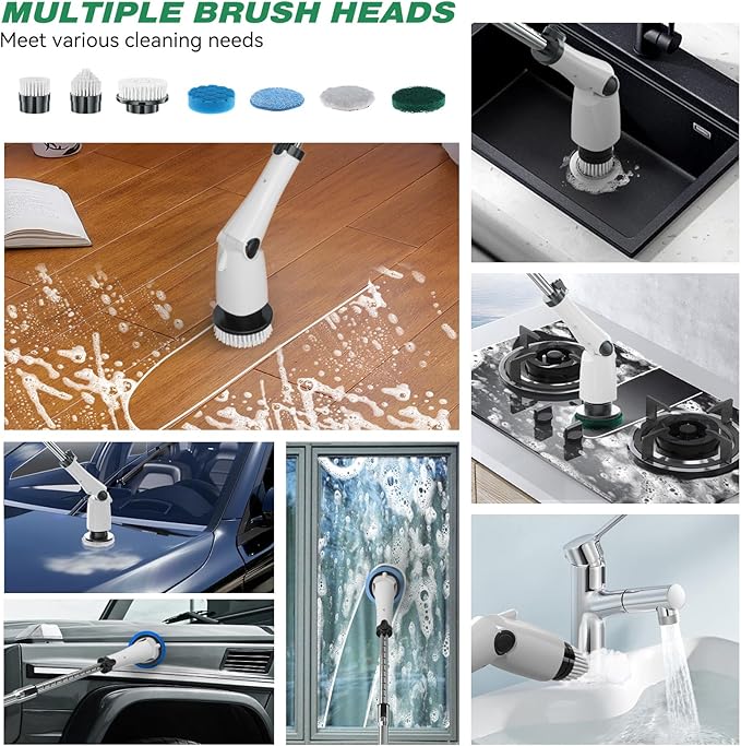 APLUSH Electric Spin Scrubber, IPX7 Waterproof Cordless Bathroom Cleaner Brush, Shower Scrubber with Adjustable Extension Handles 2 Speed, Cleaning Brush for Tub Shower Tile Floor,White