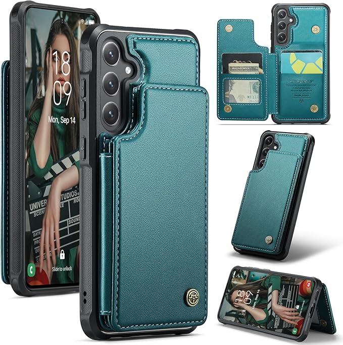 Bemal for Samsung Galaxy S24 Wallet Case with Card Holder, RFID Blocking, Shockproof Leather Kickstand for Men and Women, Durable Protective Phone Cover for 6.2", Bluish Green