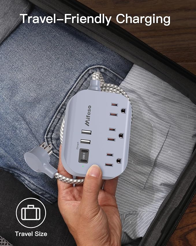 Cruise Ship Essentials - 3Ft Flat Extension Cord with Multiple Outlets, Power Strip USB Charging Station with Non Surge Protector for Cruise Ship, Travel, Dorm Room Essentials, Grey