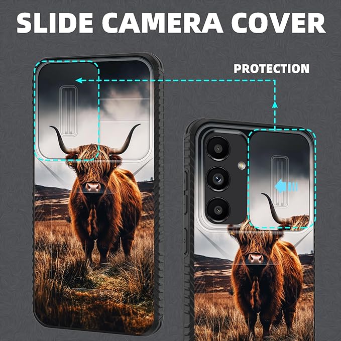 for Galaxy S25 FE Case Built in Slide Camera Lens Cover,Heavy Duty Shockproof Protection Dual Layer Case for Samsung Galaxy S25 FE 6.7" 2025,Brown Highland Cow