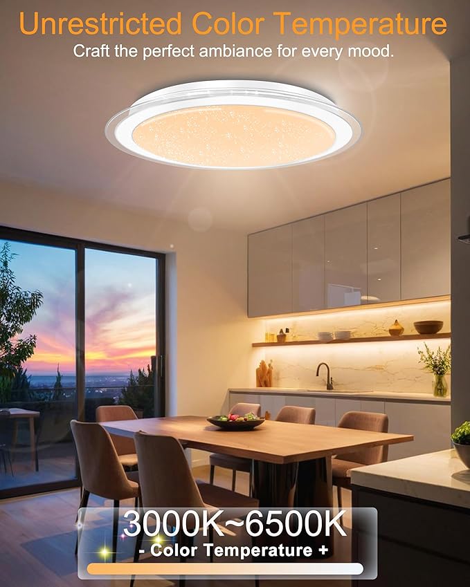 WF-Version LED Ceiling Light with Speaker 50W 17Inch Control via app/Voice/Remote Adjustable Brightness & Color Temperature Ceiling Lamp RGB Ambient Lighting for Bedroom Kids Room and More