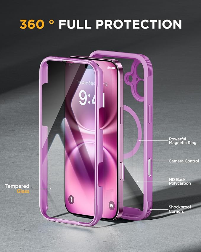 Miracase Magnetic for iPhone 16 Plus Case Full-Body Phone with Built-in Glass Screen Protector, [Compatible with MagSafe] Military Drop Proof 16 Plus Cover Bumper 6.7 inch, Pink