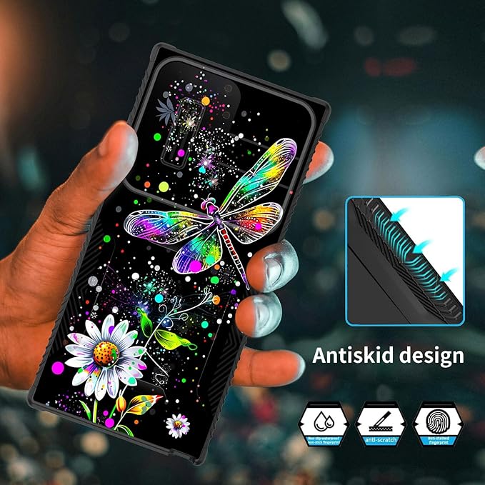 for Galaxy S24 Ultra Case Built in Slide Camera Lens Cover,Heavy Duty Shockproof Protection Dual Layer Case for Samsung Galaxy S24 Ultra 6.8" 2024,Dragonfly and Daisy Flower