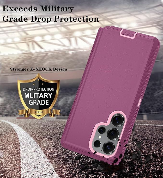ONOLA Phone Case for Samsung Galaxy S25 Ultra Case with HD Screen Protector, Heavy Duty Shockproof & Dropproof 3-Layer Cover Phone Case for Galaxy S25 Ultra 6.9''，WineRedPink