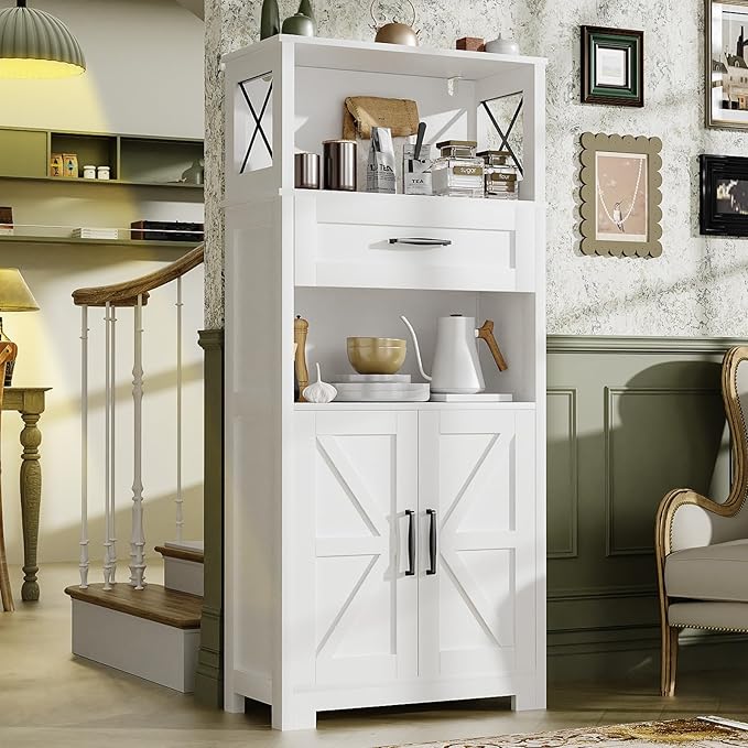 55" Tall Kitchen Pantry Cabient with 2 Microwave Stands, Farmhouse Pantry Storage Cabinet with Barn Doors and Large Drawer, Rustic Freestanding Cupboard for Kitchen and Dining Room (White)