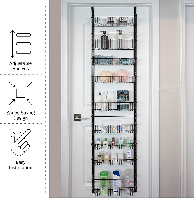 Over the Door Pantry Organizer - 9-Tier Organizer for Bathroom, Closet, or Kitchen Storage - Pantry Organizers and Storage by Home-Complete (Black)