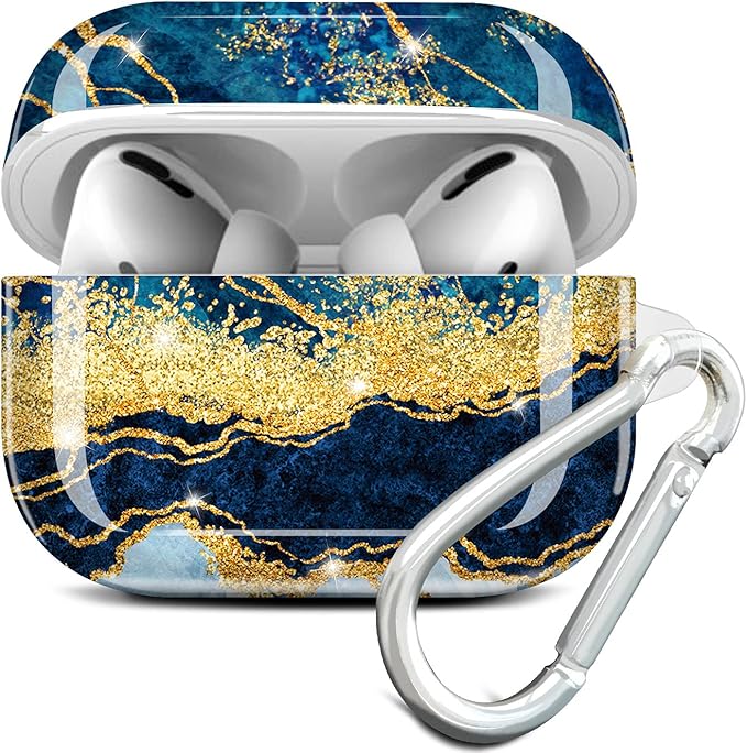JIAXIUFEN Compatible with AirPods Pro Case Cover Gold Sparkle Glitter Marble Design Cute Full Protective Silicone TPU Skin Accessories for Women Girl Dark Blue