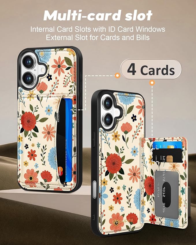 for iPhone 16 Plus Case with Wallet - Fits 4 Card Slots, Compatible with MagSafe for Women Aesthetic Durable PU Leather Credit Card Holder Kickstand Phone Cover for Apple 16 Plus, Beige Flower