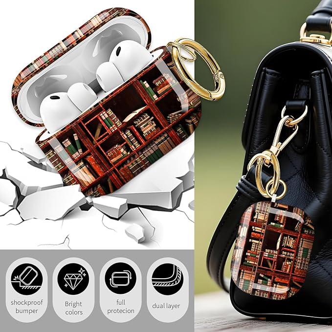 Cute Hard Case Compatible with AirPods Pro 3rd Generation Case (2025), Shockproof Protective Cover with Golden Keychain Ring Clip (Bookshelf)