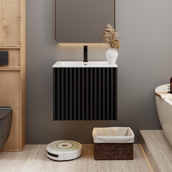 eclife 24" Floating Bathroom Vanity with Sink Combo, Modern Wall Mounted Cabinet with 2 Fluted Drawers, Undermount Sink, Faucet, Drain, Black