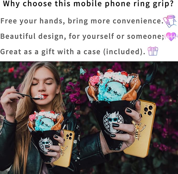TACOMEGE Bee Cell Phone Ring Holder gift for girls women, Crystal Finger Ring Kickstand Compatible with Smartphone, Tablet, E-reader (Gold-1)
