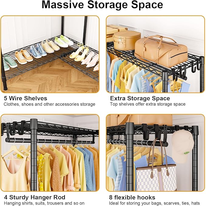 E15 Plus Garment Rack L Shaped Clothes Rack for Corner，Freestanding Clothing Racks for Hanging Clothes，Heavy Duty Closet System with 4 Hanging Rods & 8 S Hooks，48.5" W x 35" D x 78.4" H，Black