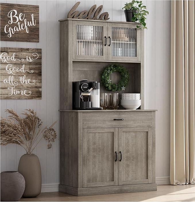 IDEALHOUSE Kitchen Pantry Cabinet with Microwave Stand, 71”Freestanding Tall Kitchen Cabinet with Doors and Shelves for Dining Room, Rustic Gray