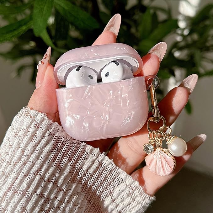 for Airpod 4 Case Cute Luxury Marble Protective Cover with Glitter Shell Pearl Keychain Compatible with AirPods 4th Generation Case 2024 for Girls Women (Pink)