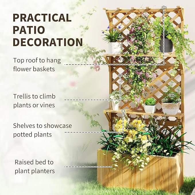 Outsunny Wooden Planter with Trellis, Raised Garden Bed with Hanging Roof, Plant Shelf, Drainage Holes and Bed Liner, for Climbing Plants, Vegetables, Flowers, 30" x 13" x 70", Natural