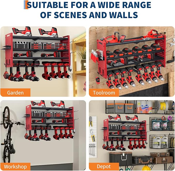 Power Tool Organizer, Drill Holder Wall Mount, Heavy Duty 4-Layer Garage Rack Metal Loads 400Lbs, 8 Drill Storage Shelf with Hooks, Drill Bit Shelf Power Tool Rack for Garage, Workbench