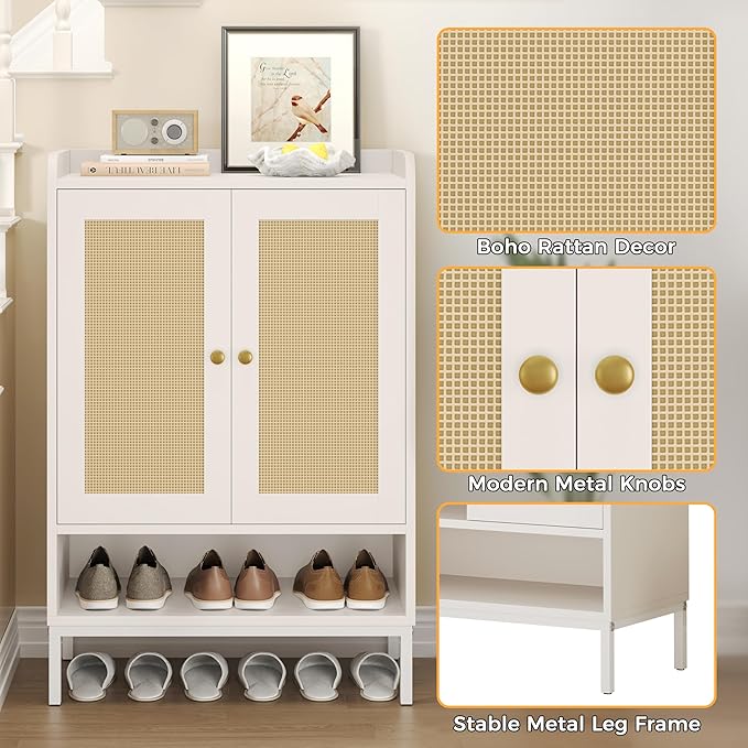 JASIWAY Rattan Shoe Cabinet Storage for Entryway, Shoe Cabinet with Adjustable Shelves for Entryway, 5-Tier, 20 Pair Shoe Rack Storage for Hallway, Closet, Living Room, White