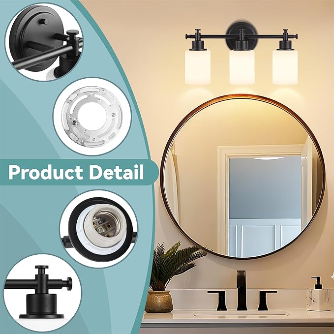 3-Light Black Bathroom Light Fixtures, Modern Vanity Lights Over Mirror, Bathroom Wall Sconces with White Glass Shade, E26 Socket, 15.75" Compact Vanity Light Fixtures
