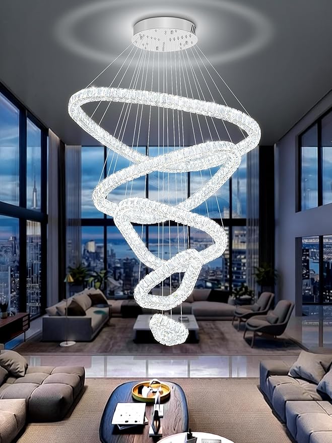 Flashing God H118 Modern Large Chandelier for Foyer 5 Rings Crystal Chandelier Stairway Chandeliers LED Dimmable Crystal Pendant Light for Living Room Entrance Hallway Sliver ﻿