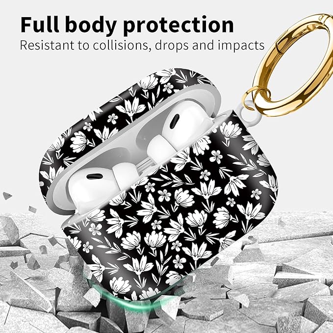 Compatible with Airpod pro 2nd/1st Generation Case Cover with Gold Round Keychain Cute Pattern Hard & Anti Slip Cover for Men Women & Girls（White Flower）