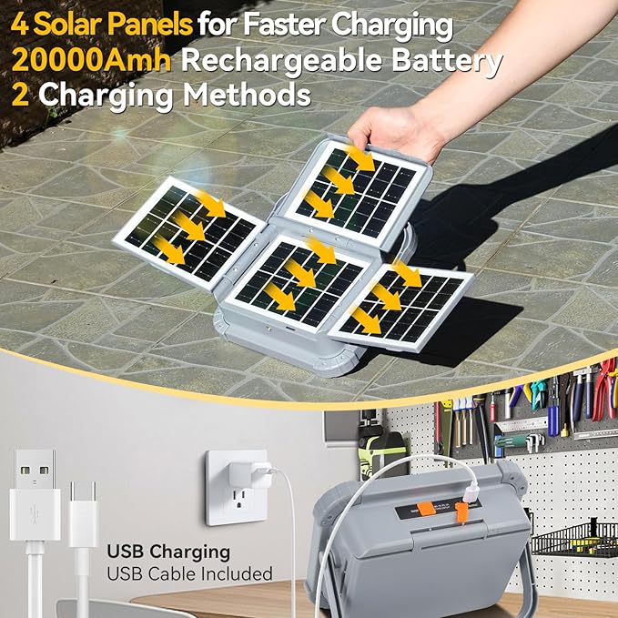 4 Solar Panels Work Light 120W,Portable Camping Lights 20000mAh Battery with USB C Charging Ports as Power Bank,Bright 12000LM 3Modes+Stepless Dimming Flood Light IP66 Waterproof