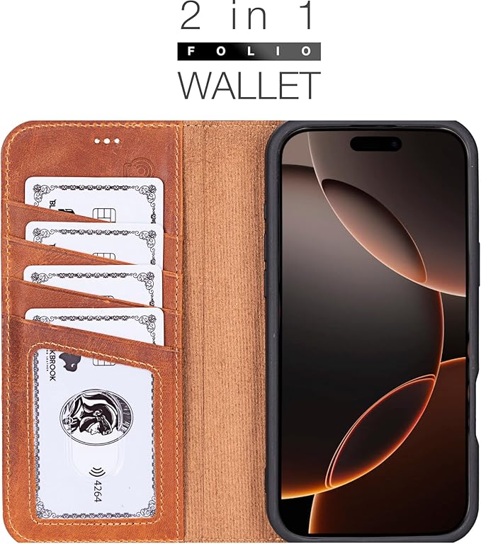 BLACKBROOK Leather Wallet Case for iPhone 16 Pro Max, Carter Premium Leather Magnetic 2-in-1 Wallet Set, Ready for MagSafe, RFID Protection, 4 Card Slots & ID Pocket, Compatible with iPhone 16 Pro Max