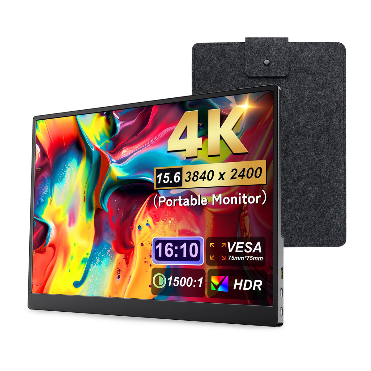 15.6" 4K UHD Portable External Monitor, 3840×2400 IPS Screen 100% NTSC Wide Color Gamut, Full-Featured USB-C Mini HDMI Built-in Speakers External Display for MacBook Laptop Mobile Phone
