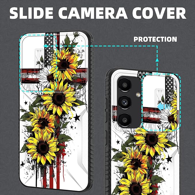 for Galaxy S24 FE Case Built in Slide Camera Lens Cover,Heavy Duty Shockproof Protection Dual Layer Case for Samsung Galaxy S24 FE 5G 6.7" 2024,Cross American Flag Sunflower
