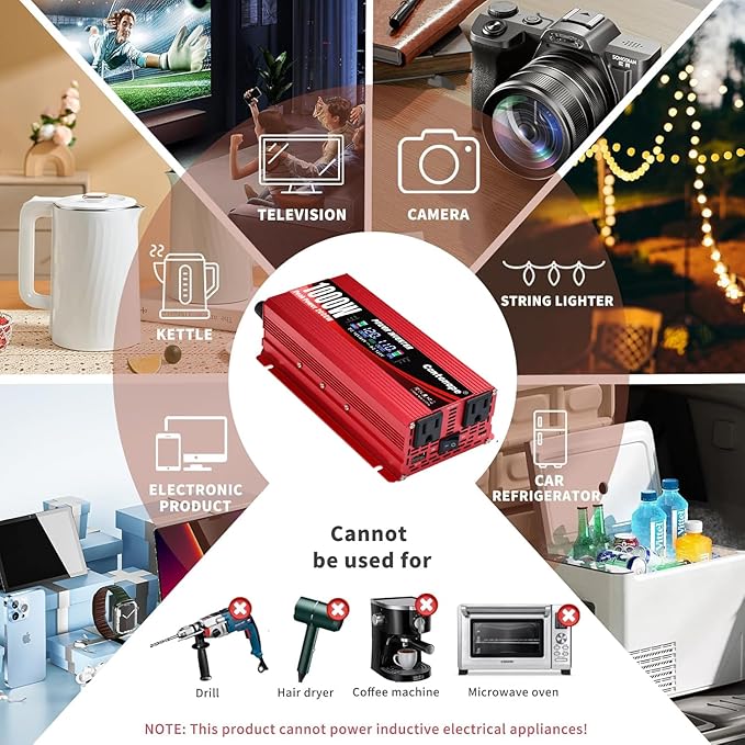 1000W Power Inverter DC 12V to 110V/120V AC Car Inverter with LCD Display, 2 AC Outlets, 3.0A USB and 20W Type-C Car Charger for Vehicles Home Laptop Truck