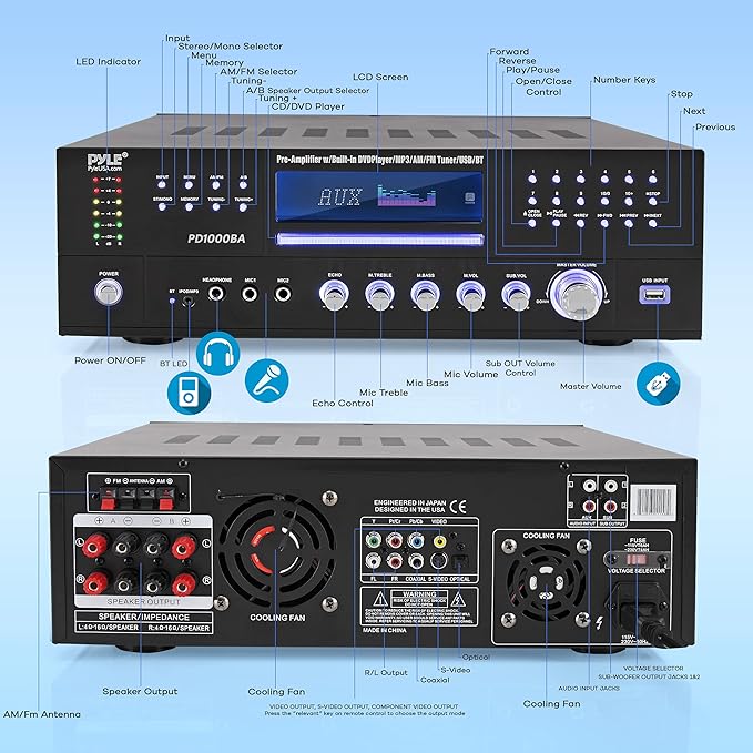 Pyle 4-Channel Wireless Bluetooth Power Amplifier - 1000W Stereo Speaker Home Audio Receiver w/FM Radio, USB, Headphone, 2 Mic w/Echo, Front Loading CD DVD Player, LED, Rack Mount - Pyle PD1000BA.5