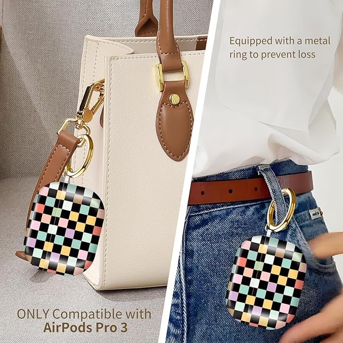 Compatible with AirPods Pro 3rd Generation 2025 Case Cover with Gold Keychain - Cute Protective Hard AirPod Pro 3 Cases for Women - Colorful Checkered