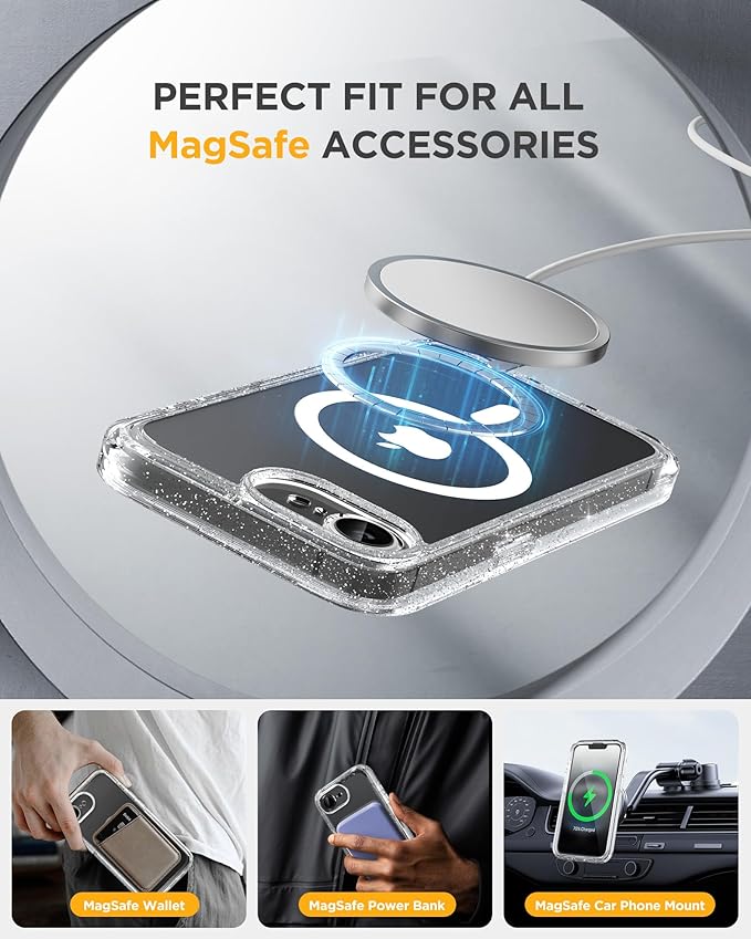 Miracase for iPhone 17e Case & iPhone 16e Case, Full-Body Phone with Built-in Glass Screen Protector, [Magnetic with MagSafe] Military Drop Proof 17 E/ 16 E Cover Bumper 6.1 inch, Clear Glitter