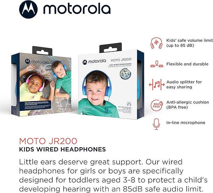 Motorola Sound Moto JR200 Headphones for Kids with Microphone - Over Ear Kid Headphones with Safe Volume Limit 85dB, Audio Splitter - Kids Wired Headphones for School, Home - Blue