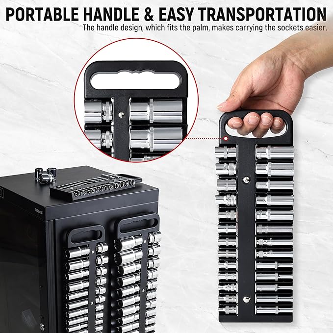 Magnetic Socket Organizer Set, 3 Pcs Black Portable Heavy Duty Socket Rail Set: 1/4-Inch x 22 Pallets, 3/8-Inch x 28 Pallets, 1/2-Inch x 26 Pallets, Hold 76 Sockets - Fit Shallow&Deep Sockets
