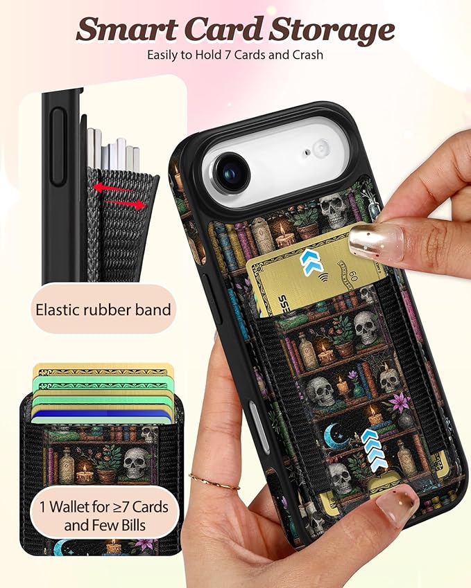 Shorogyt for iPhone Air Wallet Case - Fits 5 Cards, Compatible with Magsafe Detachable Magnetic Credit Card Holder Leather Cardholder Cute Phone Cover Women Girls for Apple 17 Air, Bookshelf